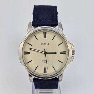 Men's Watch 46MM Cream Dial New Dark Blue Nylon Bands New Battery